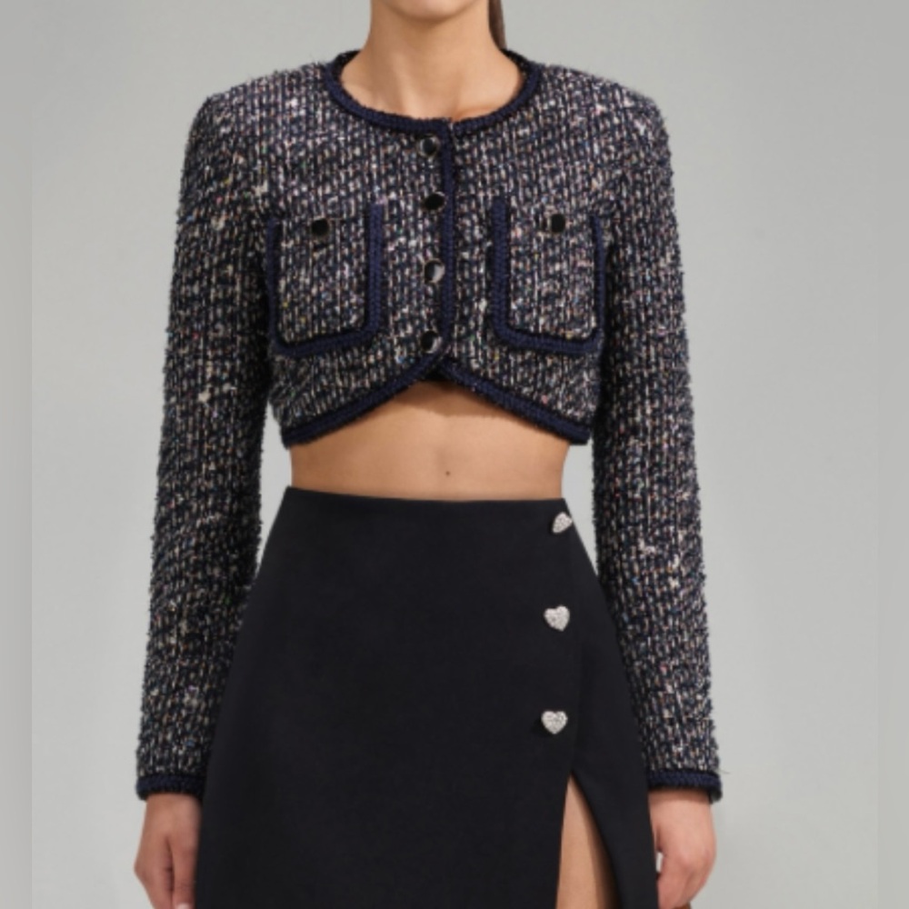 Self Portrait - CROP BOUCLE JACKET WITH BRAID DETAIL